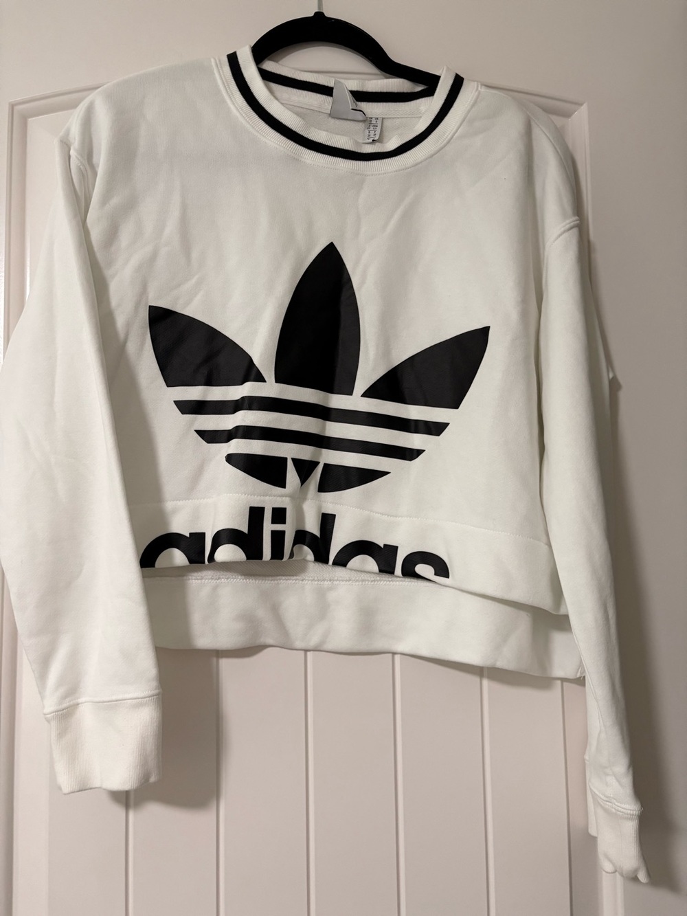 adidas White Cropped Crewneck Sweatshirt with Black Trefoil